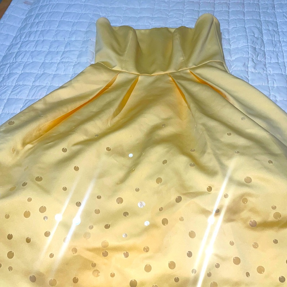 David’s Bridal yellow knee length strapless dress